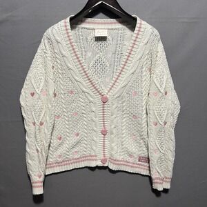 Taylor Swift Cardigan Sweater Womens M/L White Cable Knit Pink Heart Lover